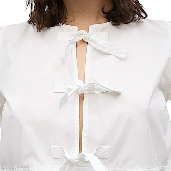 Ganni White Cotton Poplin Tie String Mini Dress Boho Beachy Size 44EU or 14US - Picture 4 of 13